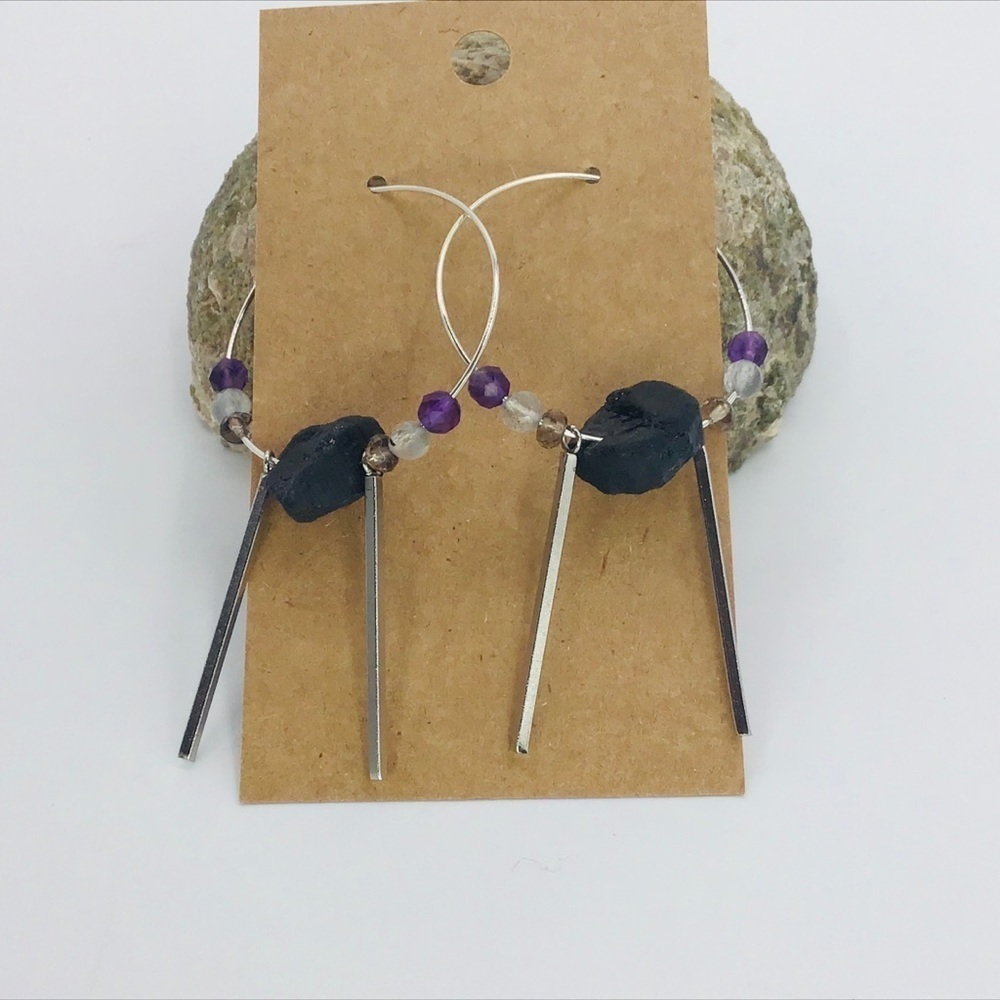 HOOP Earrings Black Tourmaline Smokey Quartz Labradorite Amethyst Gem Beads Boho